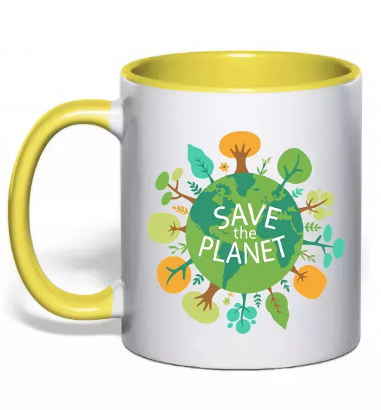 Чашка з кольоровою ручкою Save the planet Сонячно жовтий фото