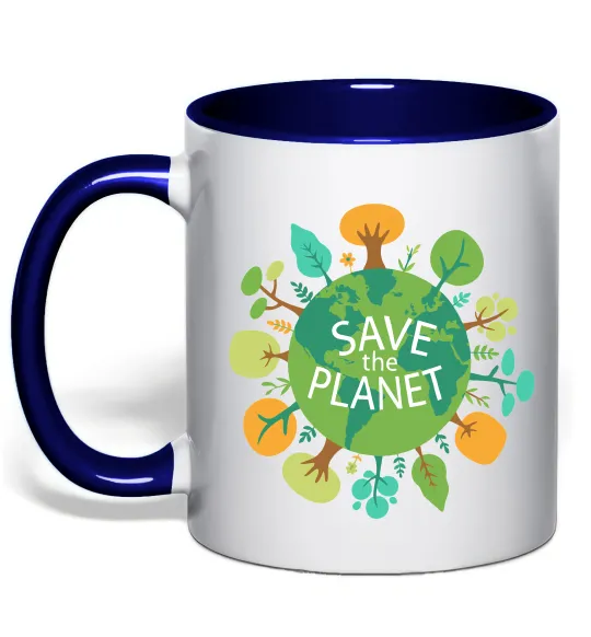 Чашка з кольоровою ручкою Save the planet Глибокий темно-синій фото