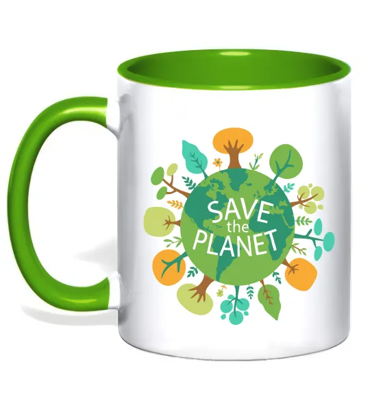 Чашка з кольоровою ручкою Save the planet Лаймовий фото