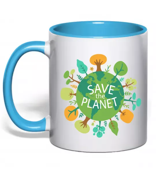 Чашка з кольоровою ручкою Save the planet Блакитний фото