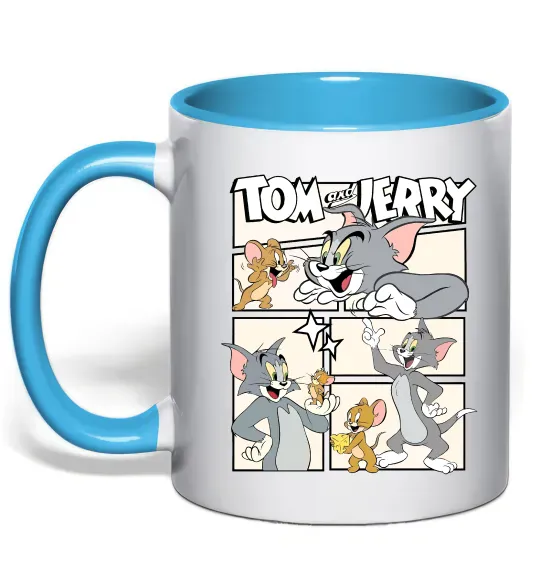 Чашка з кольоровою ручкою Tom and Jerry collage Блакитний фото