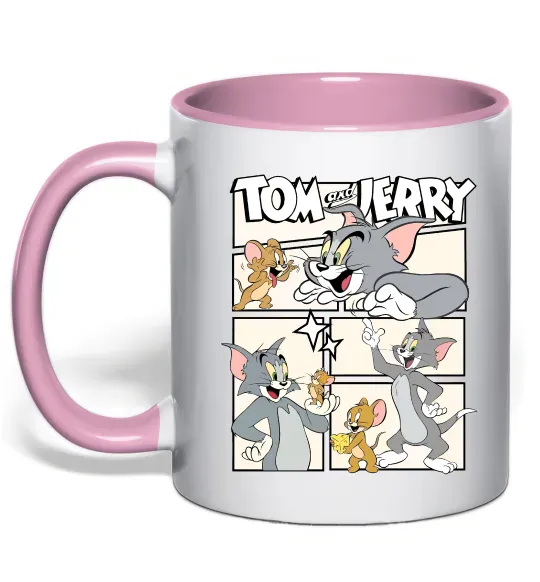 Чашка з кольоровою ручкою Tom and Jerry collage Ніжно рожевий фото