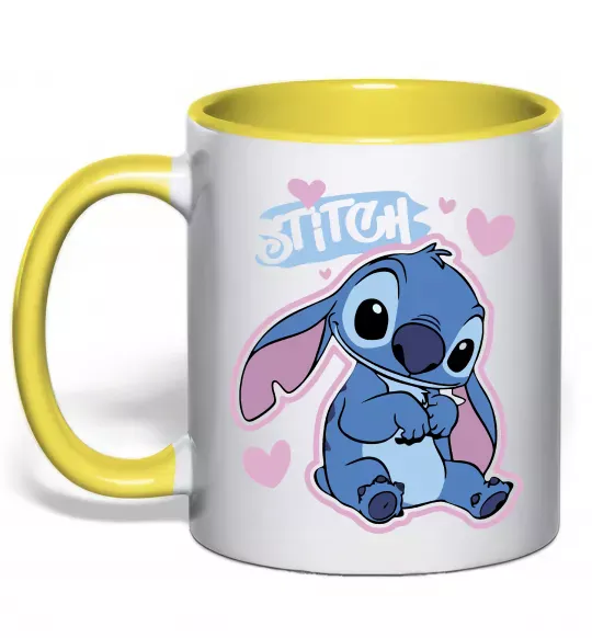 Чашка с цветной ручкой Стіч сердця Солнечно желтый фото