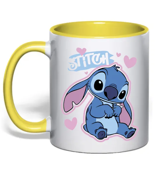 Чашка с цветной ручкой Стіч сердця Лимонный фото