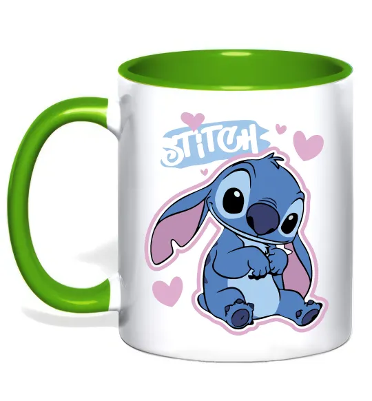 Чашка с цветной ручкой Стіч сердця Лаймовый фото