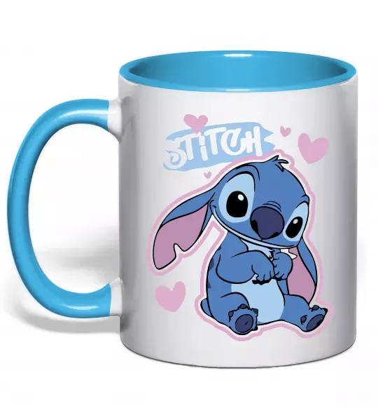 Чашка с цветной ручкой Стіч сердця Голубой фото