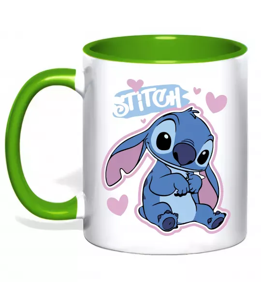 Чашка с цветной ручкой Стіч сердця Зеленый фото