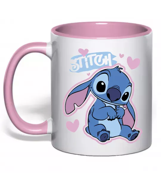 Чашка с цветной ручкой Стіч сердця Нежно розовый фото