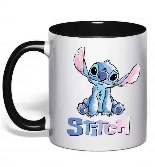 Чашка с цветной ручкой Стіч акварель Черный фото