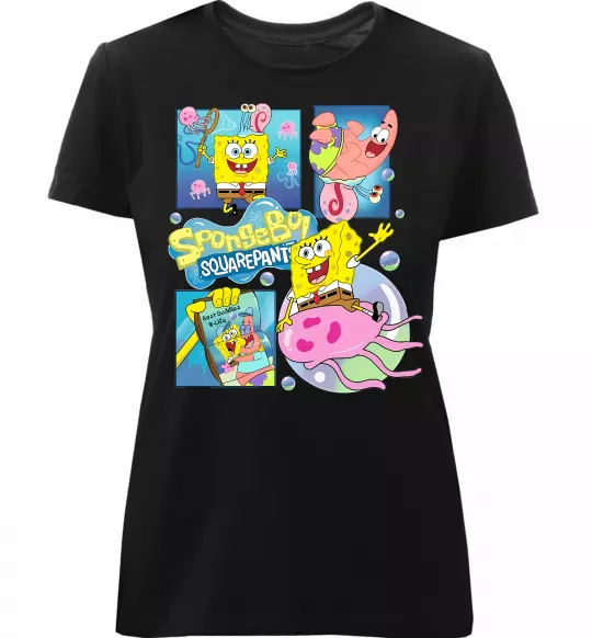 Женская премиум футболка Губка Боб колаж Черный фото