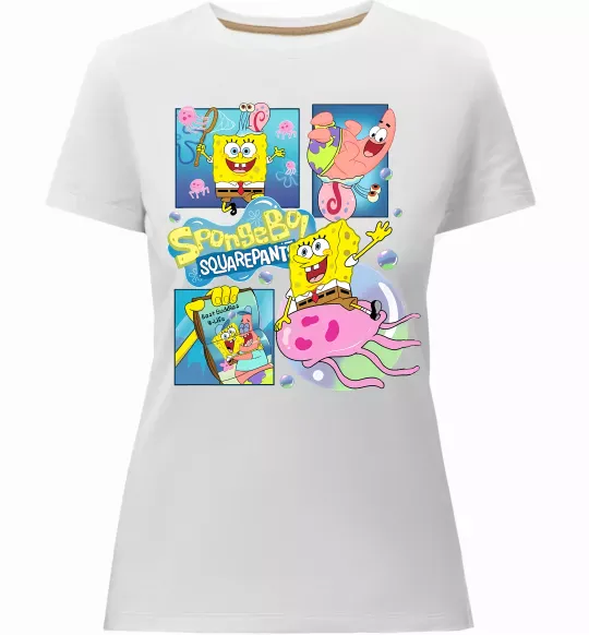 Женская премиум футболка Губка Боб колаж Белый фото