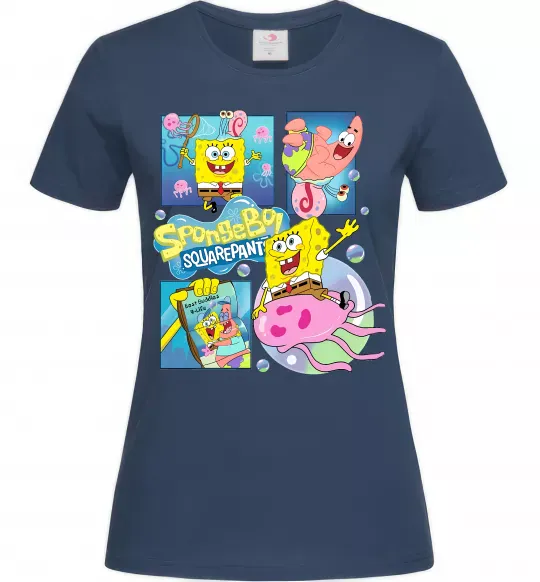 Женская футболка Губка Боб колаж Темно-синий фото