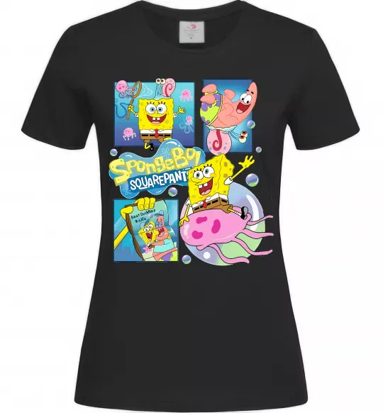 Женская футболка Губка Боб колаж Черный фото
