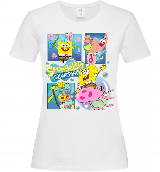 Женская футболка Губка Боб колаж Белый фото