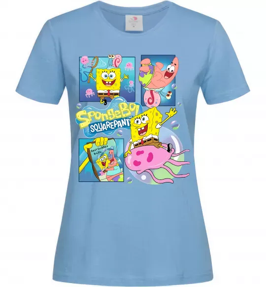 Женская футболка Губка Боб колаж Голубой фото