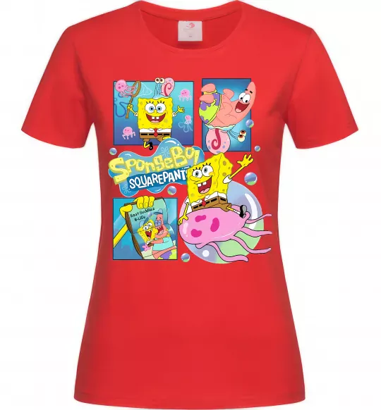Женская футболка Губка Боб колаж Красный фото