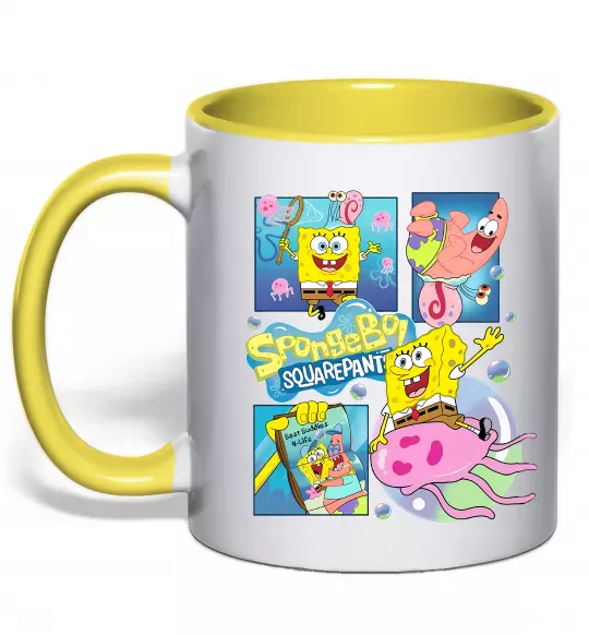 Чашка з кольоровою ручкою Губка Боб колаж Сонячно жовтий фото