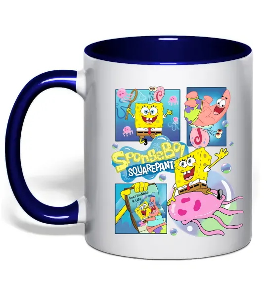 Чашка з кольоровою ручкою Губка Боб колаж Глибокий темно-синій фото