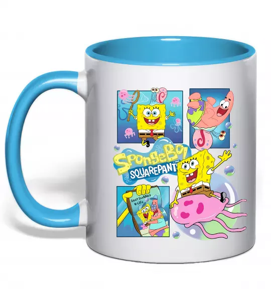 Чашка з кольоровою ручкою Губка Боб колаж Блакитний фото