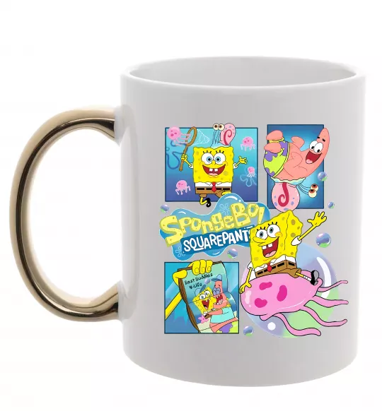 Чашка з кольоровою ручкою Губка Боб колаж Золото фото