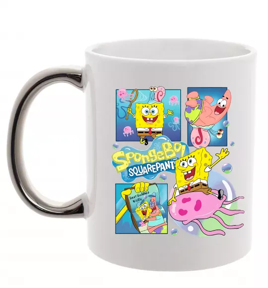 Чашка з кольоровою ручкою Губка Боб колаж Срібло фото