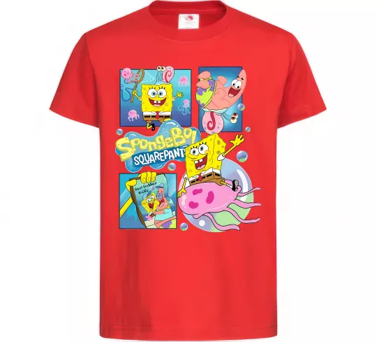 Детская футболка Губка Боб колаж Красный фото