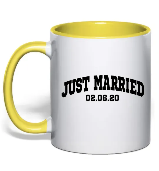 Чашка с цветной ручкой Just married date Лимонный фото
