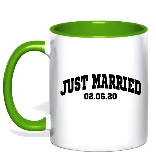 Чашка с цветной ручкой Just married date Лаймовый фото