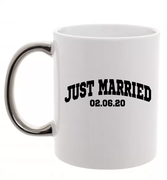 Чашка с цветной ручкой Just married date Серебро фото