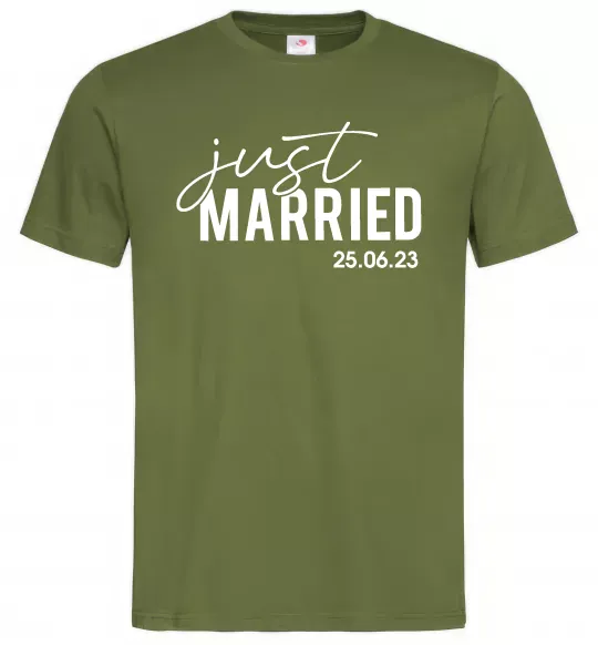 Мужская футболка Just married with date Оливковый фото