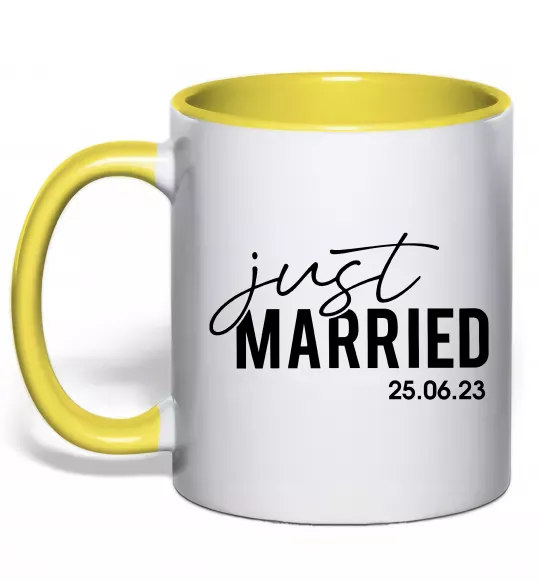 Чашка с цветной ручкой Just married with date Солнечно желтый фото