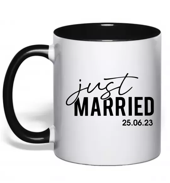 Чашка с цветной ручкой Just married with date Черный фото