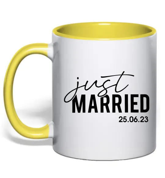 Чашка з кольоровою ручкою Just married with date Лимонний фото
