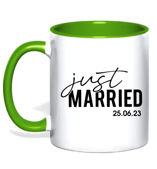 Чашка з кольоровою ручкою Just married with date Лаймовий фото