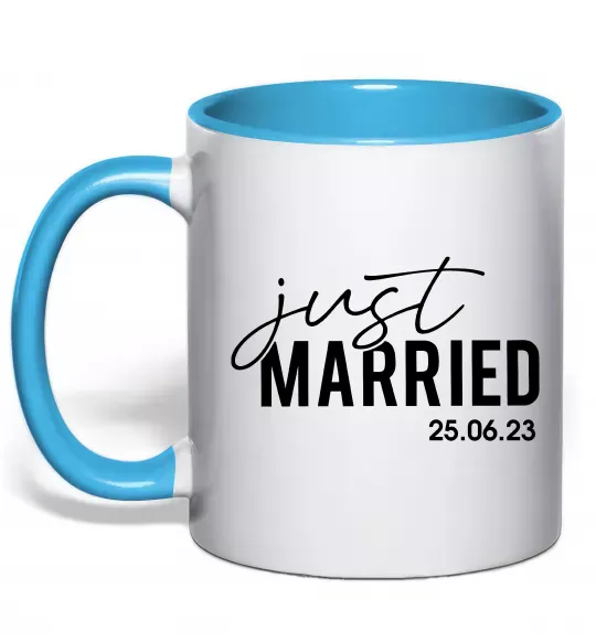 Чашка с цветной ручкой Just married with date Голубой фото