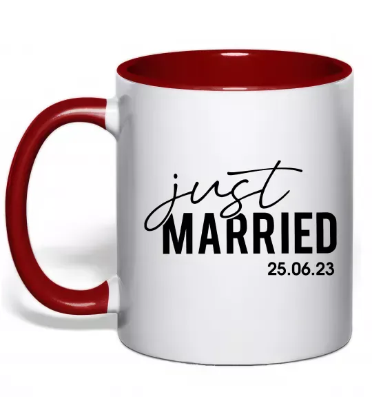 Чашка с цветной ручкой Just married with date Красный фото