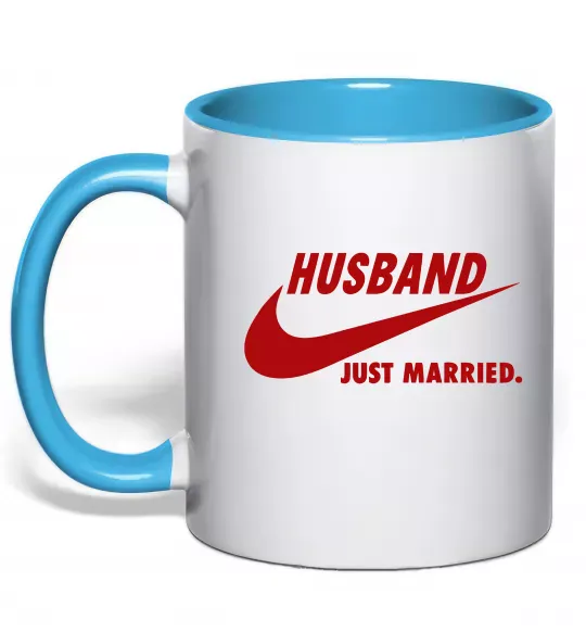 Чашка с цветной ручкой Husband just married Голубой фото