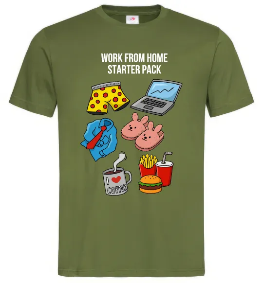 Мужская футболка Work from home starter pack Оливковый фото