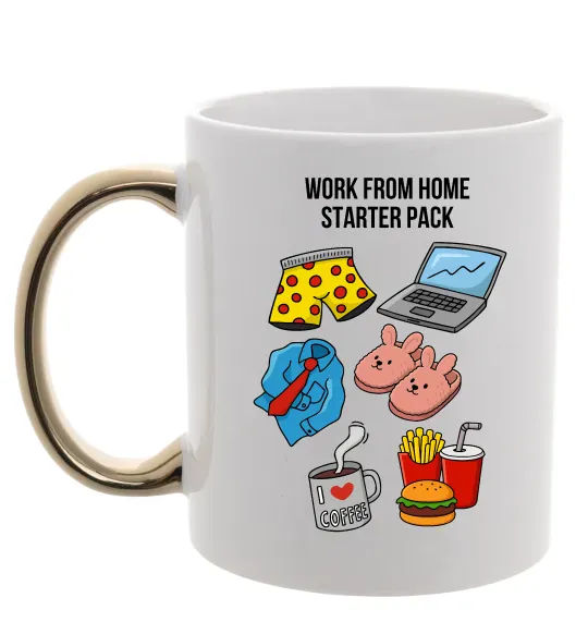 Чашка с цветной ручкой Work from home starter pack Золото фото