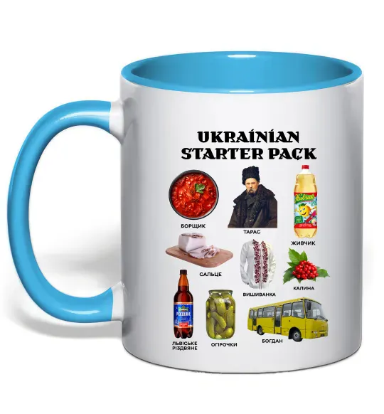 Чашка з кольоровою ручкою Ukrainian starter pack Блакитний фото