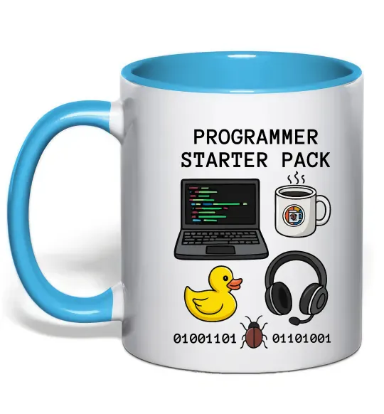 Чашка з кольоровою ручкою Programmer starter pack Блакитний фото