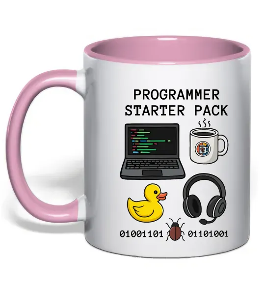 Чашка з кольоровою ручкою Programmer starter pack Ніжно рожевий фото