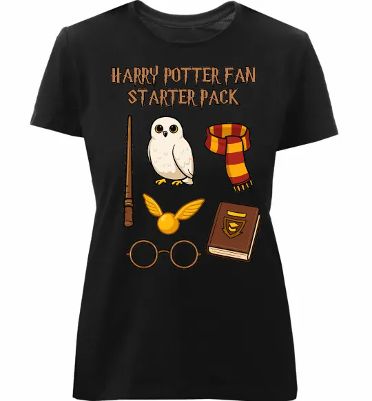 Жіноча преміум футболка Harry Potter fan starter pack Чорний фото