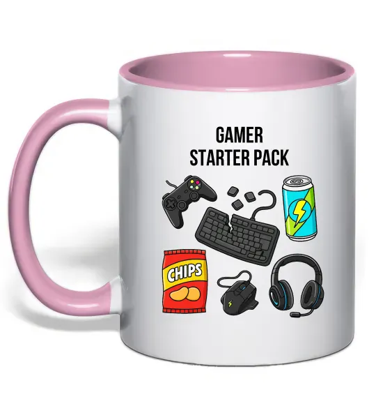 Чашка з кольоровою ручкою Gamer starter pack Ніжно рожевий фото
