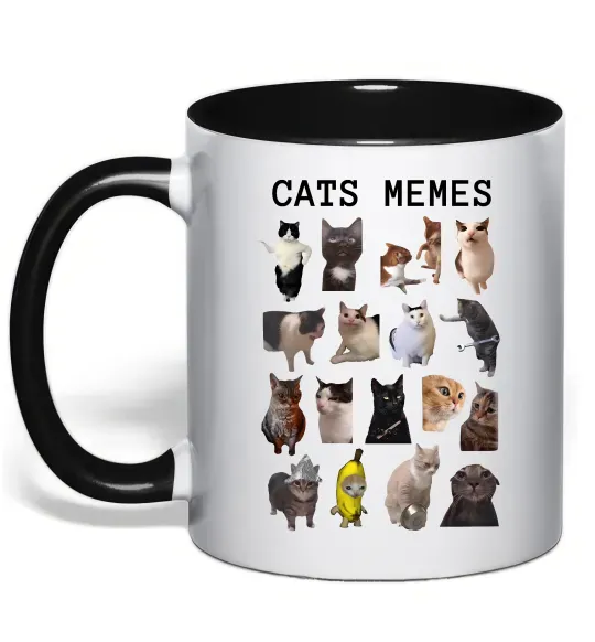 Чашка з кольоровою ручкою Cats memes Чорний фото
