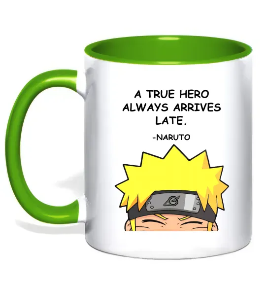 Чашка с цветной ручкой True heroe always arrives late Зеленый фото