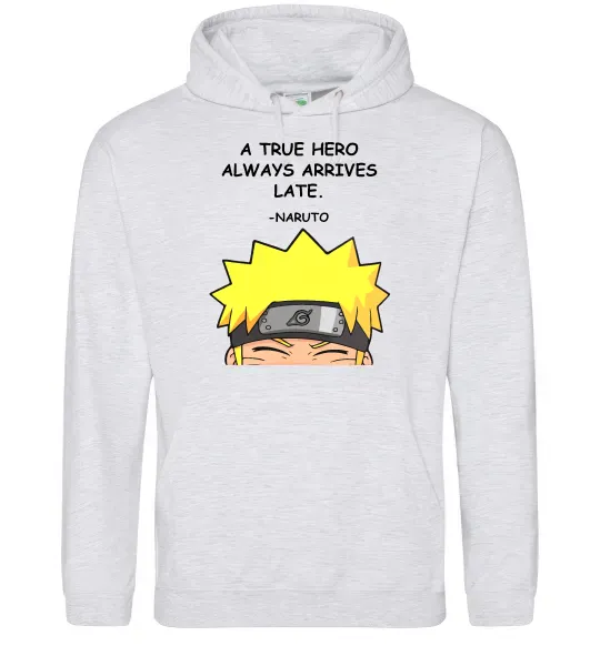 Чоловіча толстовка (худі) True heroe always arrives late Сірий меланж фото