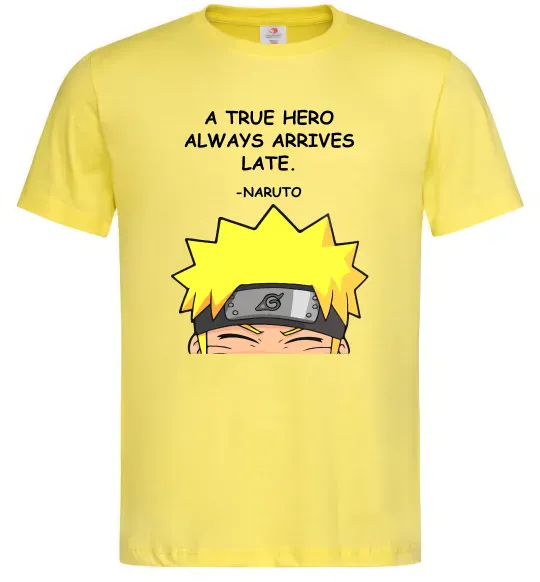 Мужская футболка True heroe always arrives late Лимонный фото