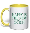 Чашка с цветной ручкой Happy is the new rich Лимонный фото