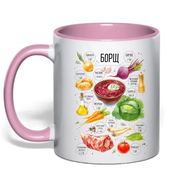 Чашка с цветной ручкой Борщ рецепт Нежно розовый фото